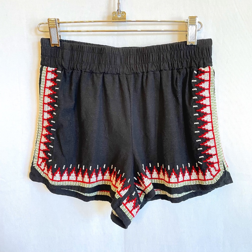 CALI 1850 Women's Size XS Black Linen Shorts White Green Red Embroidered Trim